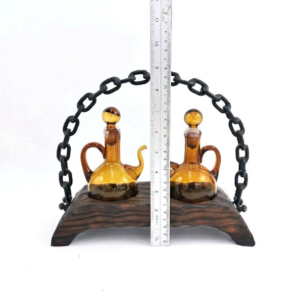 Alder Wood With Amber Glass  and Wrought Iron Handle Cruet Set- Oil & Vinegar - Picture 10 of 10